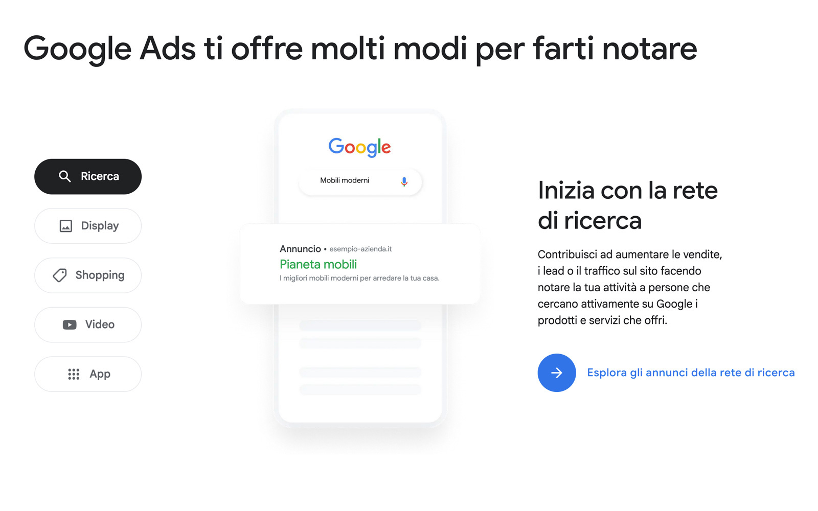 Esempio di annuncio su rete di ricerca Google Ads Rete di ricerca Google Ads: esempio di annuncio sponsorizzato in alto nei risultati
