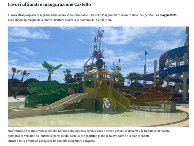 Castello playground Korsan realizzato da Slide Srl per Aquasplash di Lignano Sabbiadoro, esempio di un progetto completato.