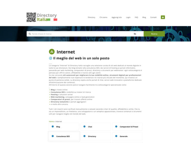 Pagina della categoria Internet di Directory Italia con sottocategorie e siti web dedicati al mondo digitale