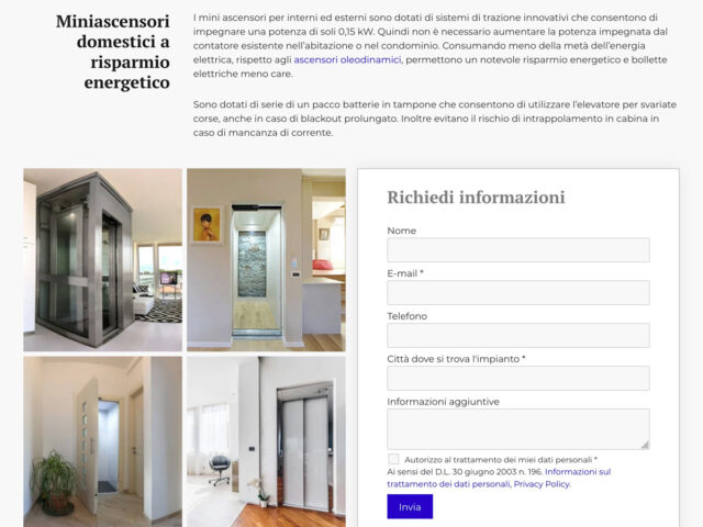 Pagina dedicata ai mini ascensori con ottimizzazione SEO finalizzata a intercettare ricerche mirate.