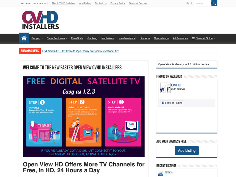 Home page del portale OVHD Installers dedicato agli installatori OpenView in Sudafrica